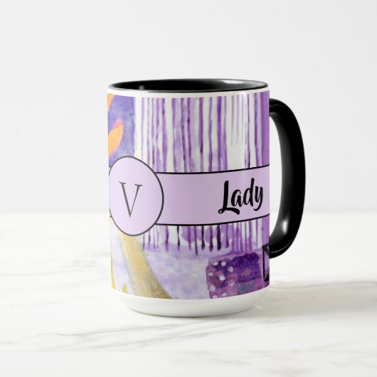 ボスレディーブラックモノグラム抽象芸術3リンガー15oz マグカップ (正面右)