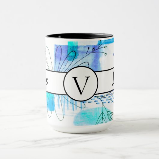 ボスレディーブルーモノグラム抽象芸術リンガー15oz マグカップ (中央)