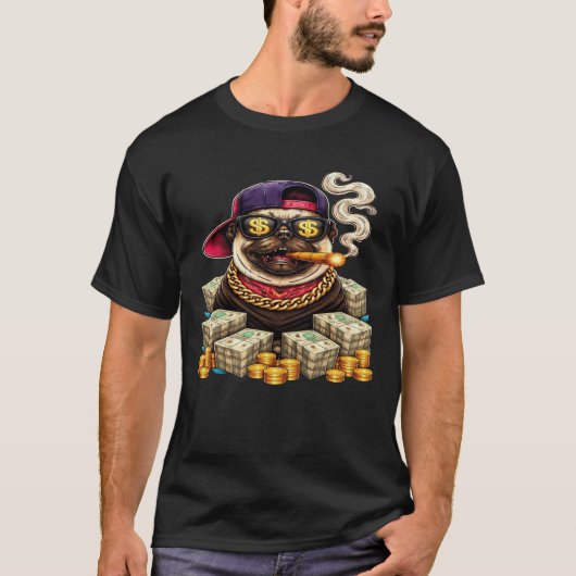 ボス・パグ - 現金と葉巻のブリンブンパグ" Tシャツ (正面)