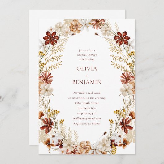 ボタお洒落ニカルブルゴーニュリースカップルのシャワー 招待状 (正面/裏面)