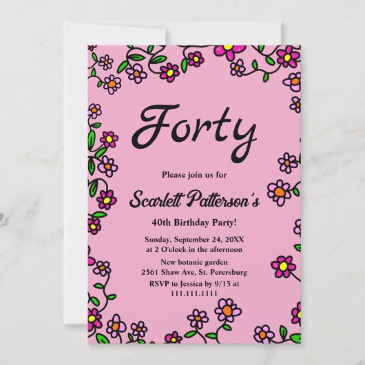ボタエレガントニカルガーデンバラフローラ40th誕生日 招待状 (正面)