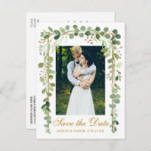 ボタエレガントニカルグリーン写真金ゴールド保存日 案内ポストカード (正面/裏面)