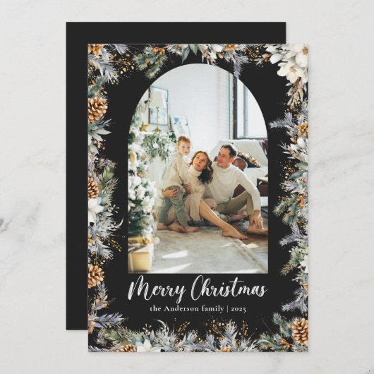 ボタエレガントニカルグリーン&アーチブラッククリスマス シーズンカード (正面/裏面)