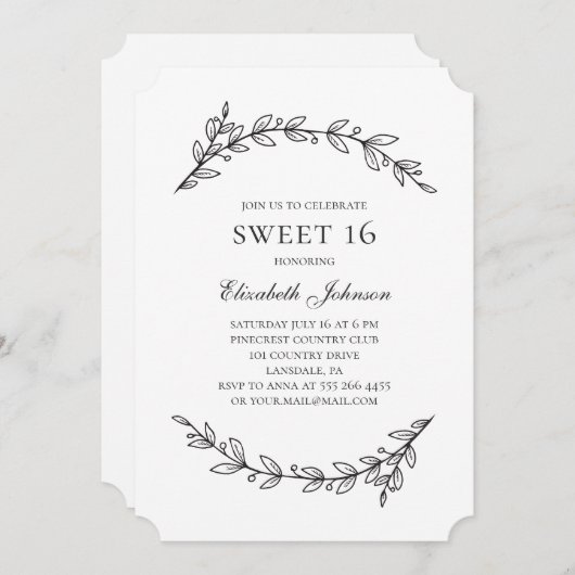 ボタエレガントニカルスイート16.ガーデン16歳の誕生日 招待状 (正面/裏面)
