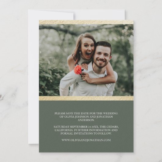 ボタエレガントニカルセージ緑の金ゴールド日付を保存 招待状 (裏面)