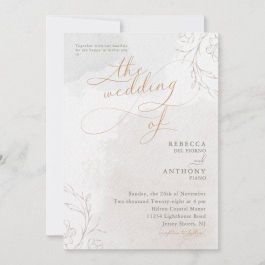 ボタエレガントニカルフローラスクリプ結婚ト 招待状 (正面)