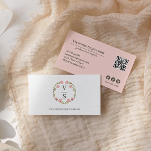 ボタエレガントニカルモノグラムクレストピンクグリーンQRCODE 名刺