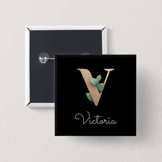 ボタエレガントニカルモノグラム金ゴールドVボタン 缶バッジ (正面&裏面)