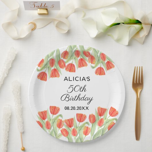 ボタエレガントニカルレッドチューリップ50誕生日 ペーパープレート (ウェディング)