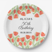 ボタエレガントニカルレッドチューリップ50誕生日 ペーパープレート (正面)