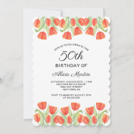ボタエレガントニカルレッドチューリップ50誕生日 招待状