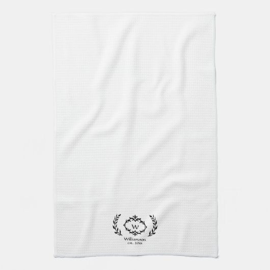 ボタエレガントニカルローレルカスタムモノグラム名日付 キッチンタオル (縦)