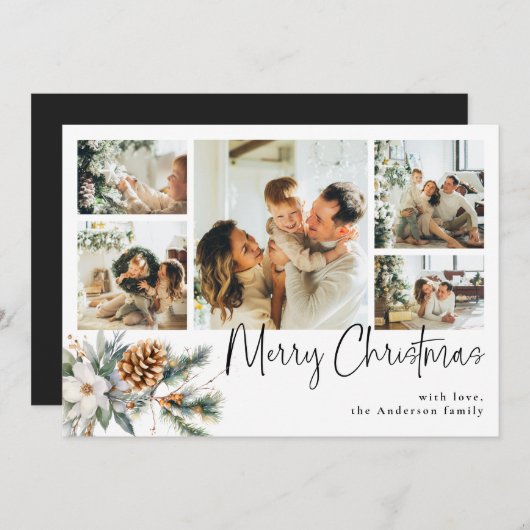ボタエレガントニカル&フォトコラージブラッククリスマス シーズンカード (正面/裏面)