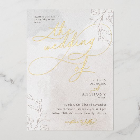 ボタエレガントニファンシーック結婚スクリプトの写真 箔招待状 (正面)