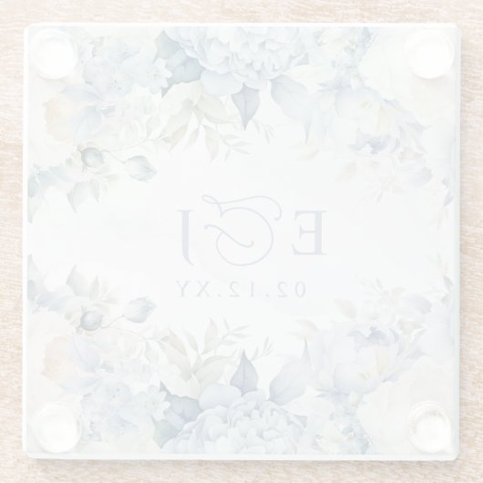 ボタエレガントモダンニカルダスティブルーフローラ結婚ズ ガラスコースター (裏面)