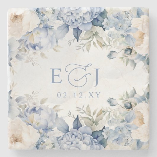 ボタエレガントモダンニカルダスティブルーフローラ結婚ズ ストーンコースター (正面)