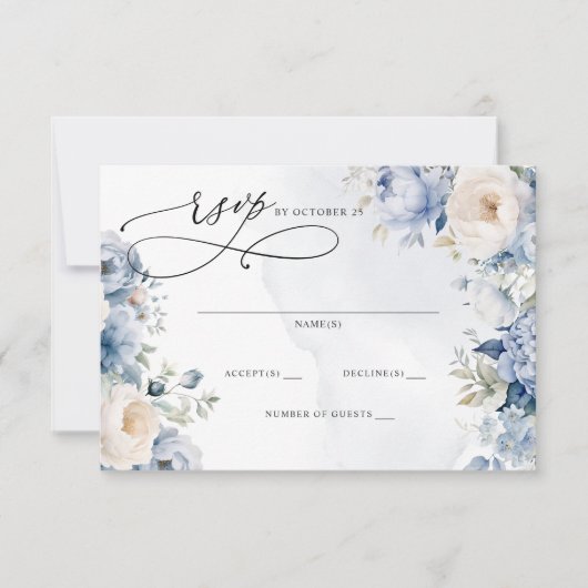 ボタエレガントモダンニカルダスティブルーフローラ結婚ズ 出欠カード (正面)