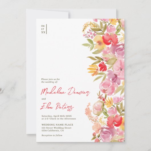 ボタエレガントンのボホワイルドフラワー3枚結婚の写真 招待状 (正面)