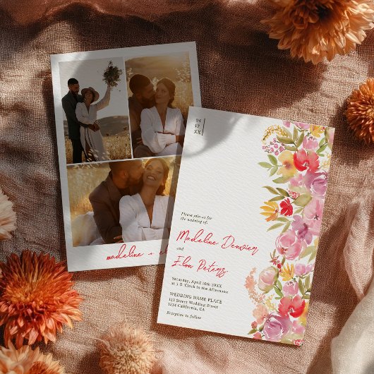 ボタエレガントンのボホワイルドフラワー3枚結婚の写真 招待状