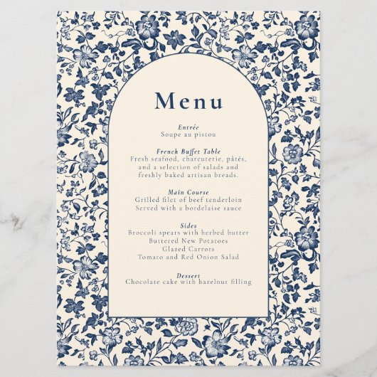 ボタエレガントンをテーマにしたブルーとクリームアーチメニュー メニュー (正面)
