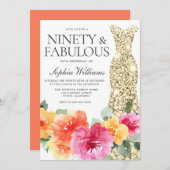 ボタカラフルニカル金ゴールドドレス90thバースデーパーティー 招待状 (正面/裏面)