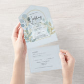 ボタニカモダン;アクアシーグラス金ゴールド結婚式の招待 オールインワン招待状 (貼ってはがせる)