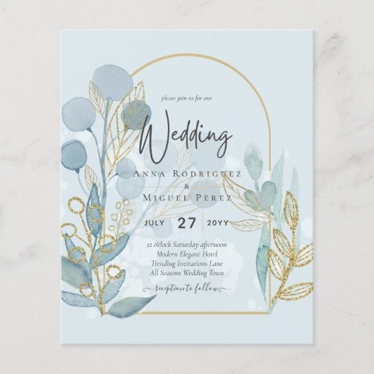 ボタニカモダン;アクアシーグラス金ゴールド結婚式の招待 チラシ (正面)