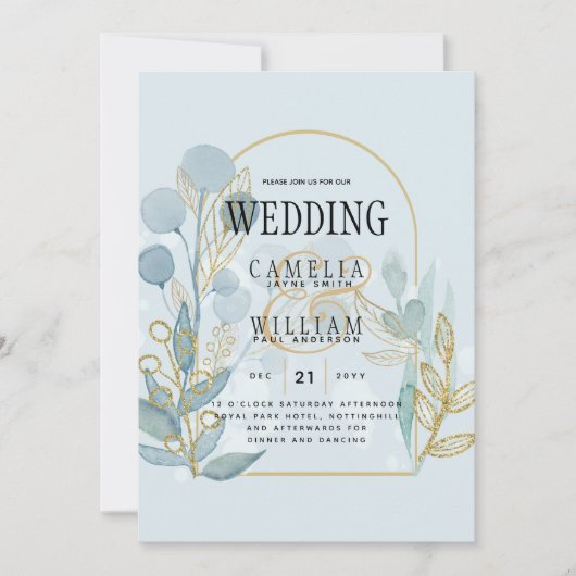 ボタニカモダン；アクアシーグラス金ゴールド結婚式の招待 招待状 (正面)