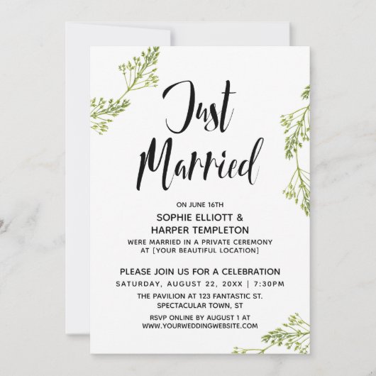 ボタニカルたった今結婚しましたタイポグラフィポス結婚ト 招待状 (正面)