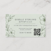 ボタニカルなセージグリーンのQRコード付きエステティシャンフラワー 名刺 (裏面)