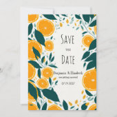 ボタニカルなダークグリーンの柑橘オレンジ Save the Date  招待状 (正面)