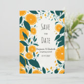 ボタニカルなダークグリーンの柑橘オレンジ Save the Date  招待状 (スタンド正面)