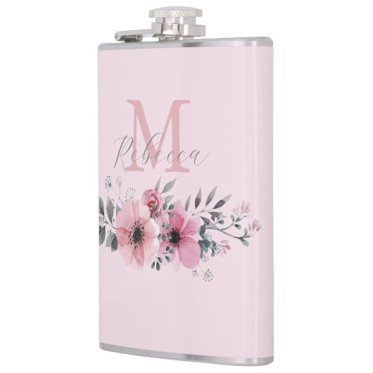 ボタニカルなチックなバーガンディピンクの水彩花イラスト フラスク (左)