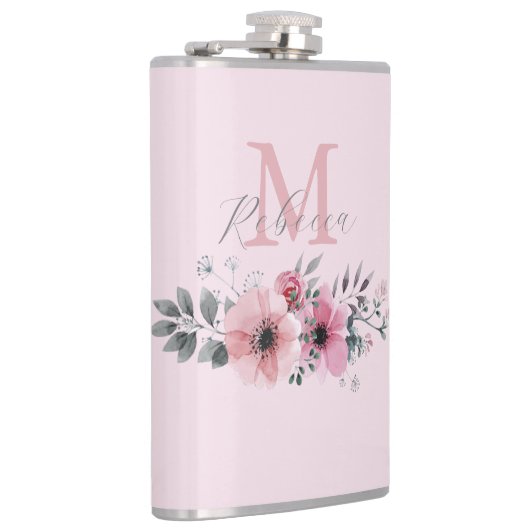 ボタニカルなチックなバーガンディピンクの水彩花イラスト フラスク (右)