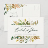 ボタニカルな水彩グリーンゴールドのブライダルシャワー ポストカード (正面/裏面)