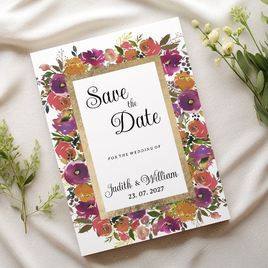 ボタニカルな紫 オレンジ ピンクの花の「Save the Date」お知らせ 招待状