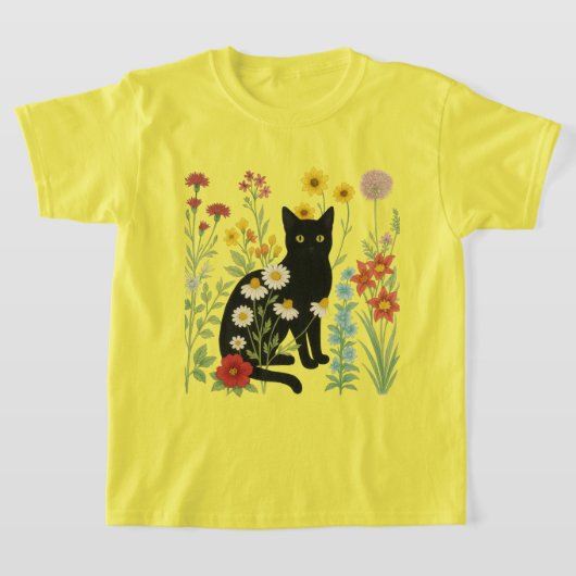 ボタニカルな自然 – 野花の庭の黒猫 Tシャツ (レイダウン)