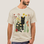 ボタニカルな自然 – 野花の庭の黒猫 Tシャツ (正面)