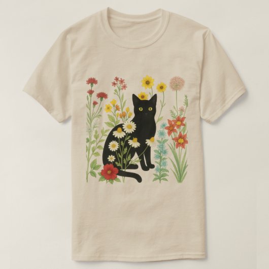 ボタニカルな自然 – 野花の庭の黒猫 Tシャツ (デザイン正面)