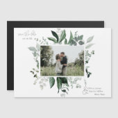 ボタニカルな葉のグリーン写真フレーム付きSave the Date (正面/裏面)