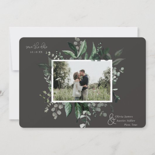 ボタニカルな葉のグリーン写真フレーム付きSave the Date (正面)