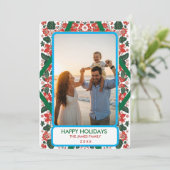 ボタニカルな赤と緑のフォークアート フラワーデザインのクリスマスカード シーズンカード (スタンド正面)