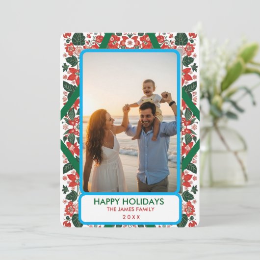 ボタニカルな赤と緑のフォークアート フラワーデザインのクリスマスカード シーズンカード (スタンド正面)