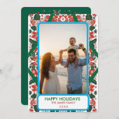 ボタニカルな赤と緑のフォークアート フラワーデザインのクリスマスカード シーズンカード (正面/裏面)