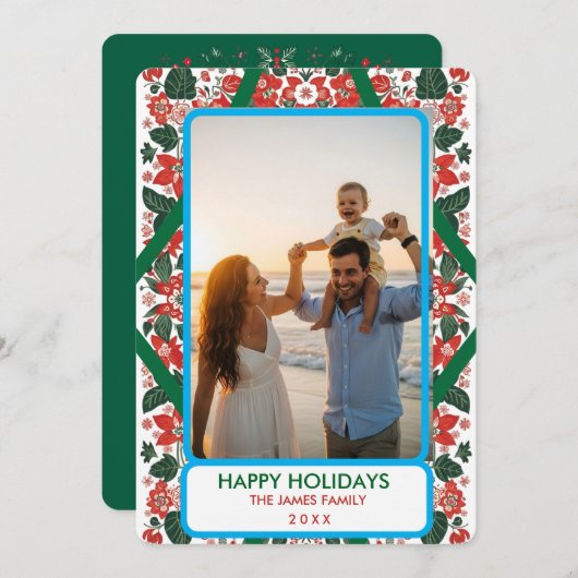ボタニカルな赤と緑のフォークアート フラワーデザインのクリスマスカード シーズンカード (正面/裏面)