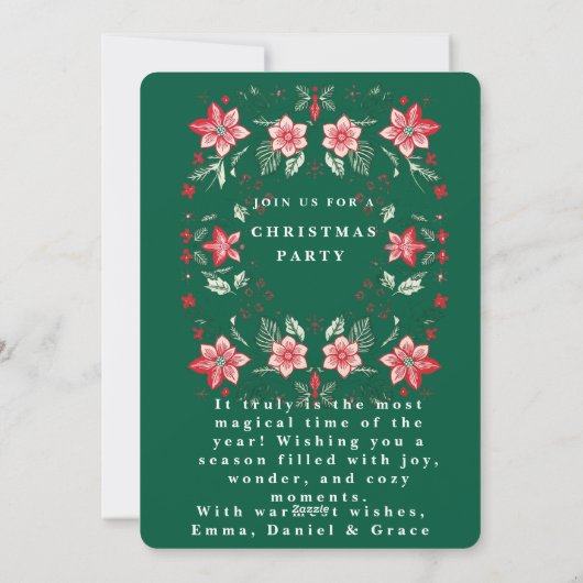 ボタニカルな赤と緑のフォークアート フラワーデザインのクリスマスカード シーズンカード (裏面)