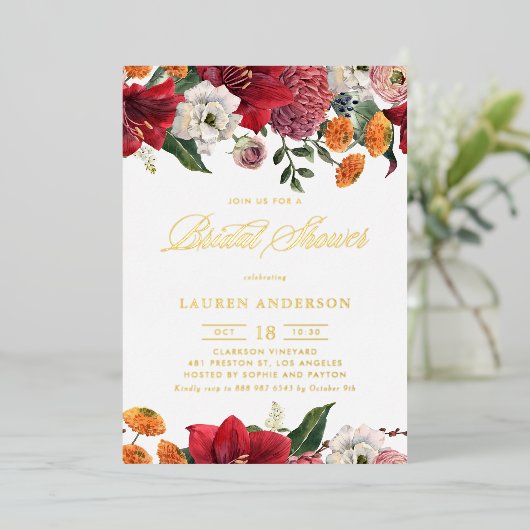 ボタニカルアマリリスとマムスフローラブライダルシャワー 箔招待状 (立ち正面)