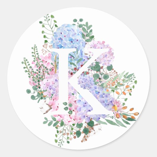 ボタニカルアルファベットKアジサイの花 ラウンドシール (正面)