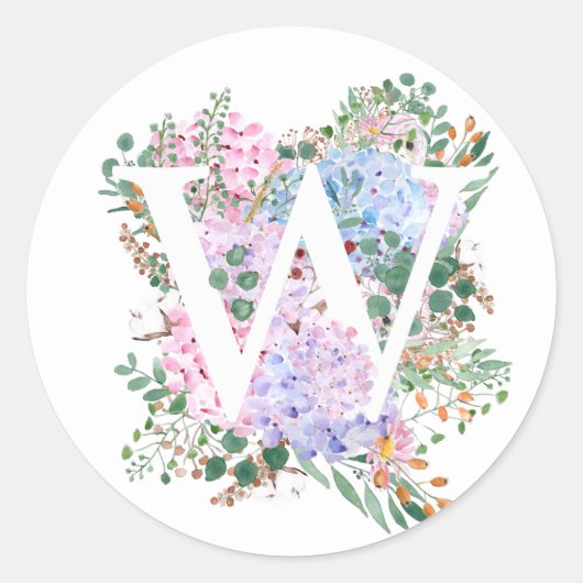 ボタニカルアルファベットWアジサイの花 ラウンドシール (正面)
