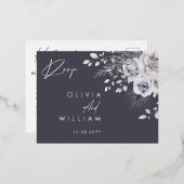 ボタニカルウィンターエレガントフローラシルバーRSVPカード 箔招待状ポストカード (正面/裏面)